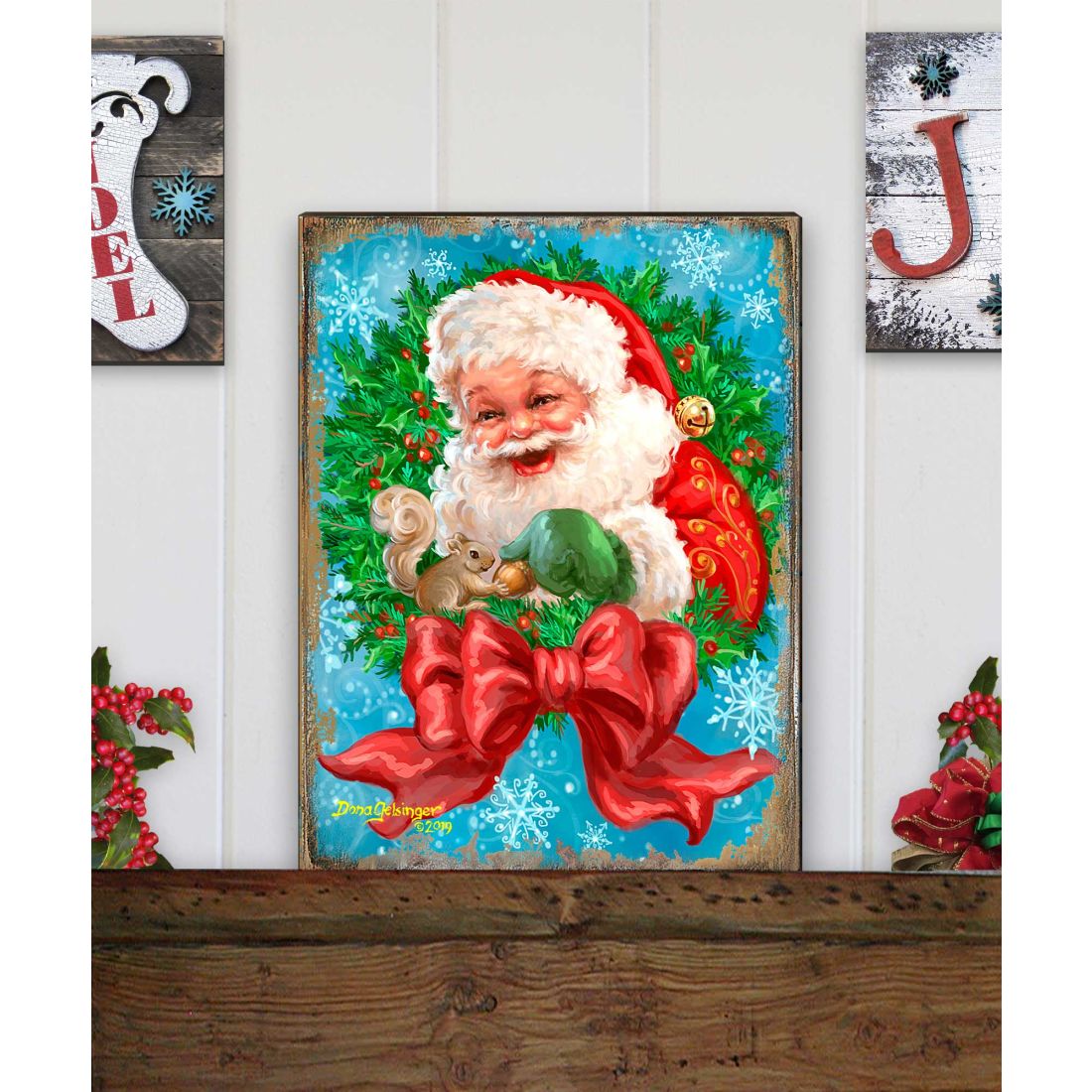 Arte de pared de madera con corona de lazo de Papá Noel de D. Gelsinger - Decoración navideña de muñeco de nieve de Papá Noel - 95606B-1309