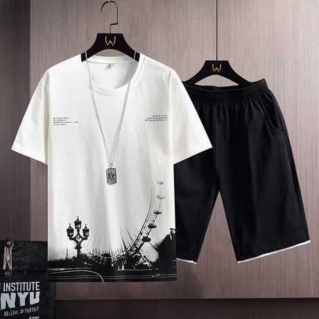 New Cotton Men's Casual Sports Loose Shorts Round Neck T-shirt Suit - Lootquake