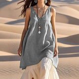 Fashion Sleeveless Cotton Linen Solid Color And V-neck Beach Dress