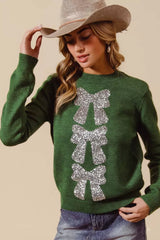 SO ME Sequins Bow Ribbon Embellished Christmas Sweater