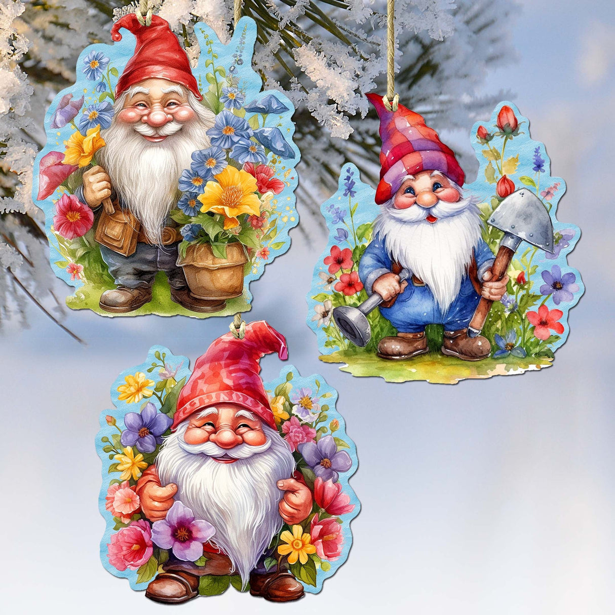 Garden Gnomes Decorative Wooden Ornaments Set of 3 by G. Debrekht - Spring Easter Decor - 8091030-S3