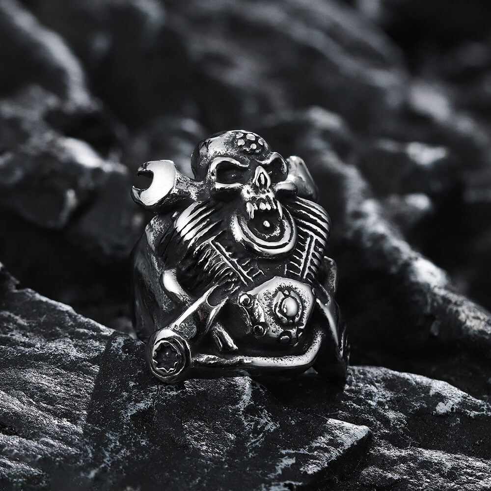 Engine Wrench Stainless Steel Skull Ring