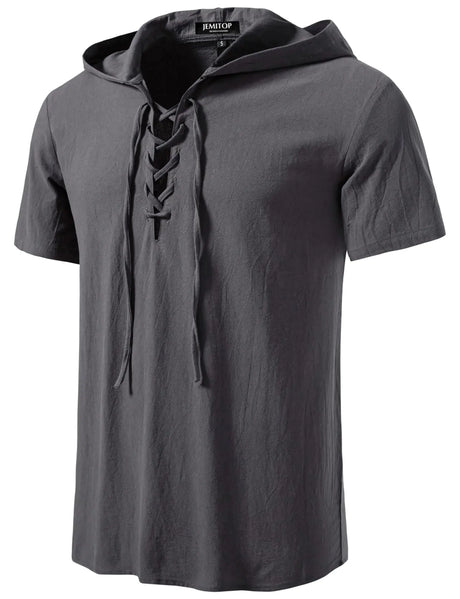 JEMITOP Mens Vintage Renaissance Costume Hooded Short Sleeve Lace up Shirts for Pirate Viking Medieval Vampire Halloween Cosplay Clothing Grey L - Lootquake