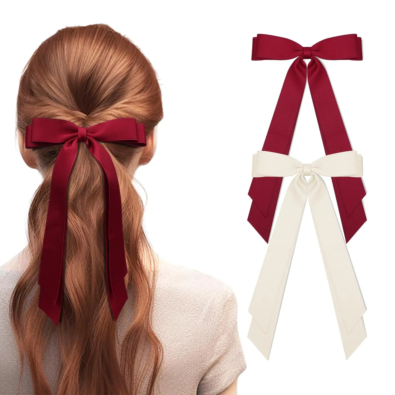 Hair Bows 2Pcs Beige Red Hair Bow for Hair Double-layer Hair Ribbon Bows Hair Clip for Women Girls Hair Accessories Beige/Red - Lootquake