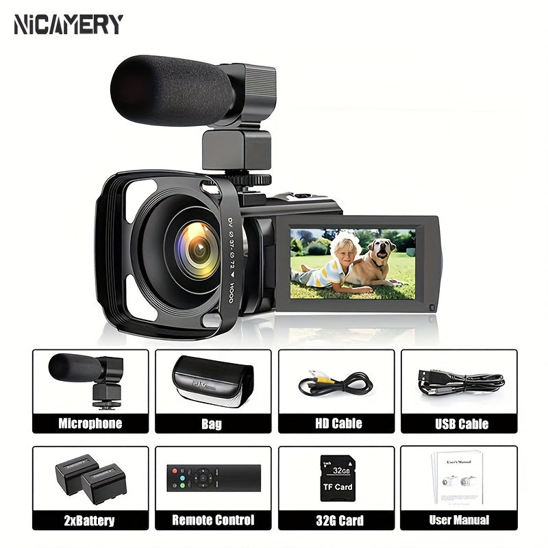 Cámara Nicamery HD 1080P con zoom eficiente de 16x, antivibración, compatible con micrófono externo, cámara web Full HD de 2400 píxeles, control remoto, parasol, 2 baterías de 1000 mAh, larga duración y tarjeta TF de 32 GB.