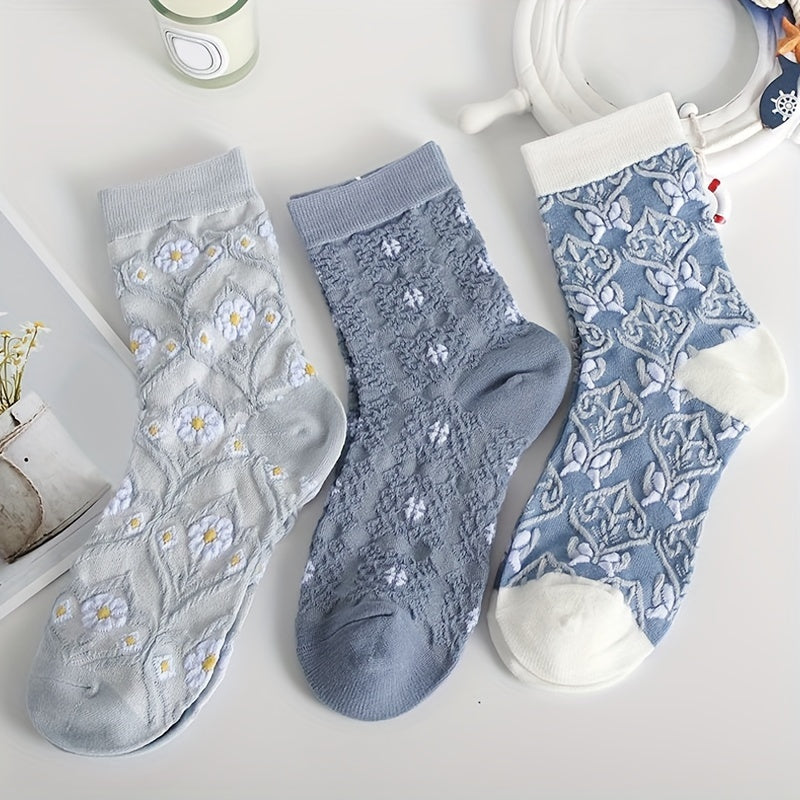 5 calcetines de punto cómodos con estampado de flores de dibujos animados, transpirables y suaves para exteriores.