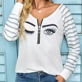 Ladies' Casual Striped See Through Mesh Raglan Long Sleeved V-neck T-shirt Top - Lootquake