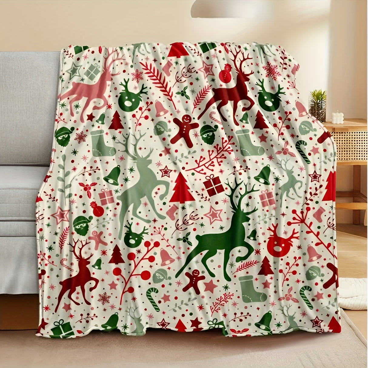 1pc Christmas Throw Blanket - Reindeer and Christmas Trees Printed, Soft, Cozy, Holiday-Themed, Versatile Throw for Couch, Bed, Sofa, Office, Camping, Indoor and Outdoor Use