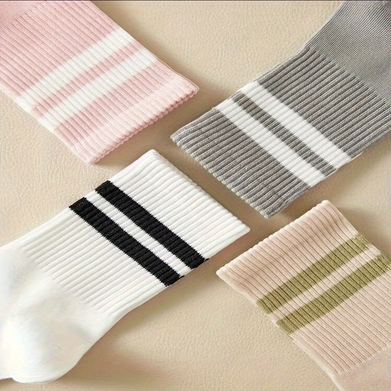 5 pares de calcetines con estampado de rayas, calcetines deportivos de tubo medio estilo universitario, medias y calcetería para mujer