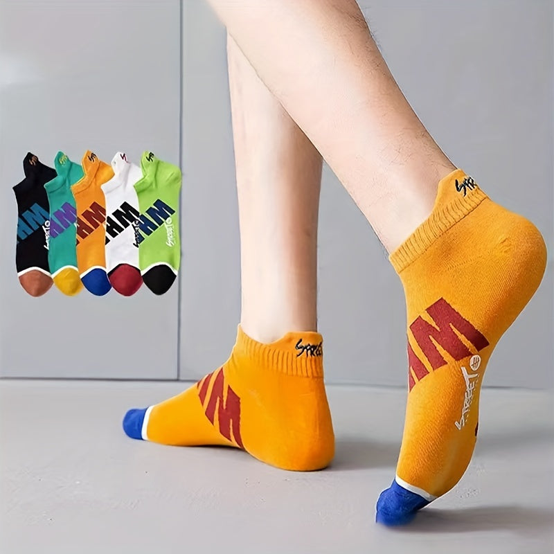 5 pares de calcetines unisex con letras estampadas, elegantes y transpirables, de corte bajo, para mujer.