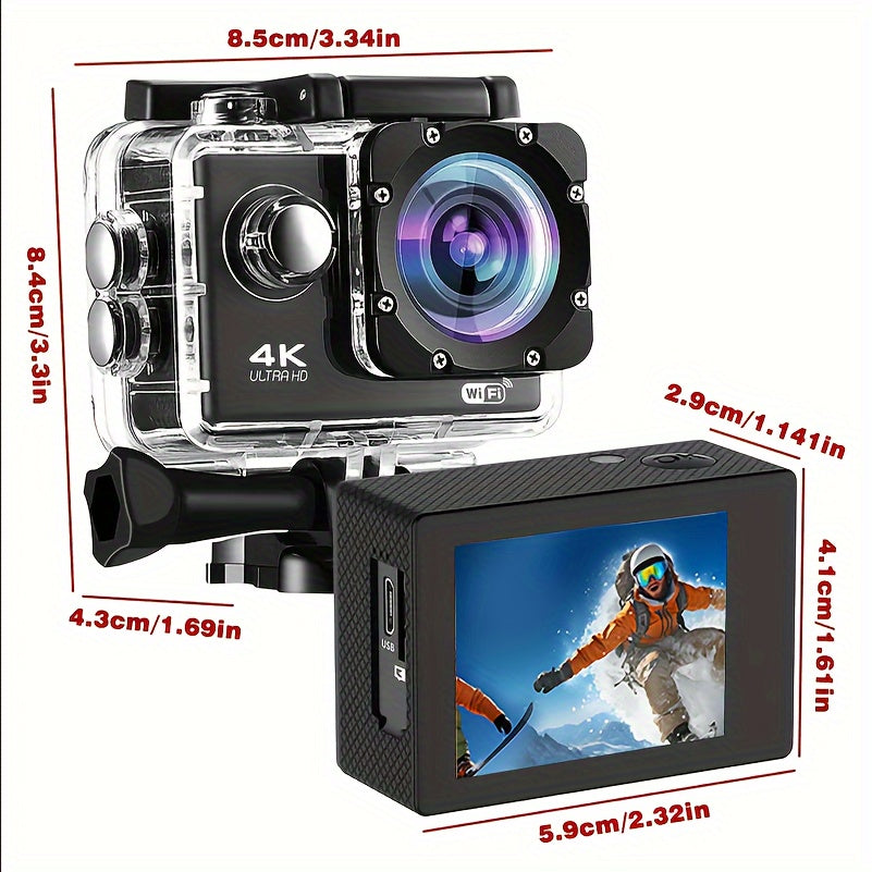 Cámara de acción 4K 30FPS de 12 MP - Cámara deportiva Full HD con conexión wifi - Cámara HD para ciclismo, buceo y exteriores con tarjeta de 32 GB