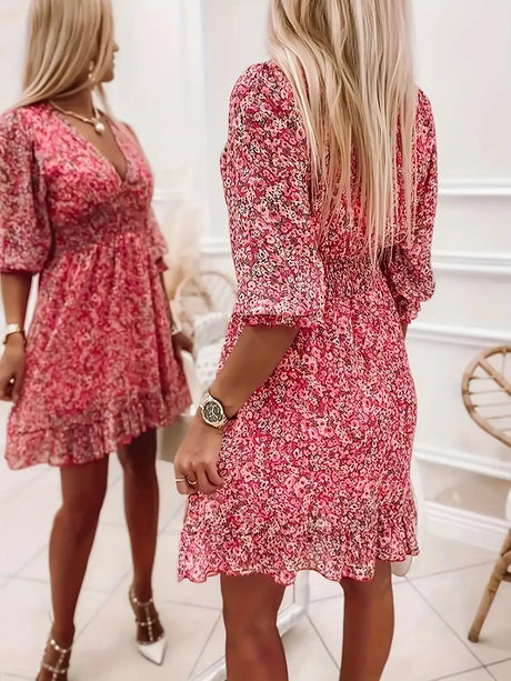 V-neck Printed Dress With Ruffled Waist, Exquisite And Elegant Design-perfect For Spring And Autumn. - Lootquake