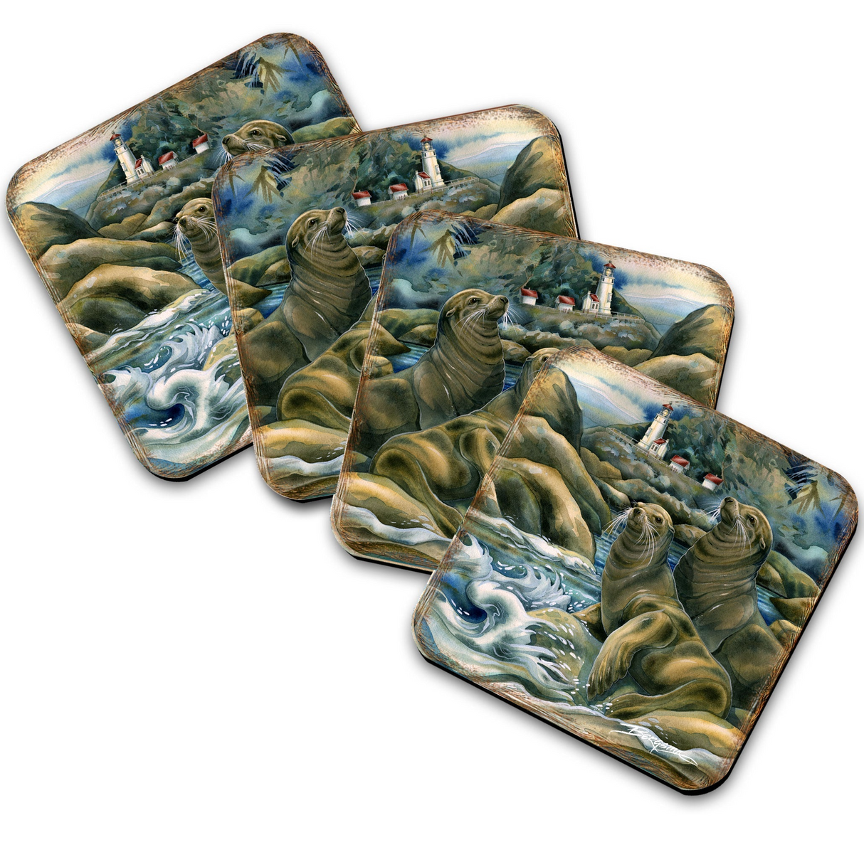 Juego de 4 posavasos de corcho de madera "Leones del Mar" de J. Bergsma - Decoración de fauna costera - 8199466C-S4