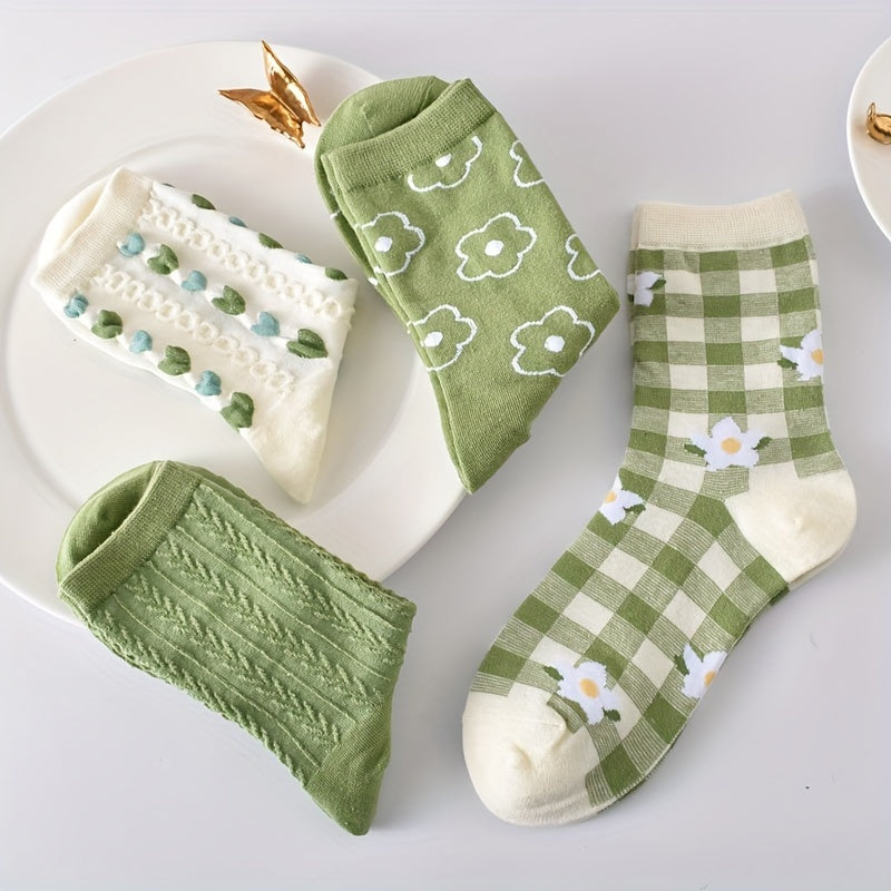 5 paires de chaussettes à imprimé floral, chaussettes mi-hautes douces et confortables, bas et collants pour femmes