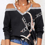 Women's Fashion New Chain Printed Sequin Cold Shoulder Long Sleeved Sweatshirt With Exposed Shoulder Top - Lootquake