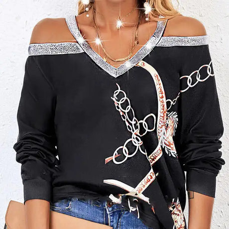 Women's Fashion New Chain Printed Sequin Cold Shoulder Long Sleeved Sweatshirt With Exposed Shoulder Top - Lootquake