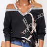 Women's Fashion New Chain Printed Sequin Cold Shoulder Long Sleeved Sweatshirt With Exposed Shoulder Top - Lootquake