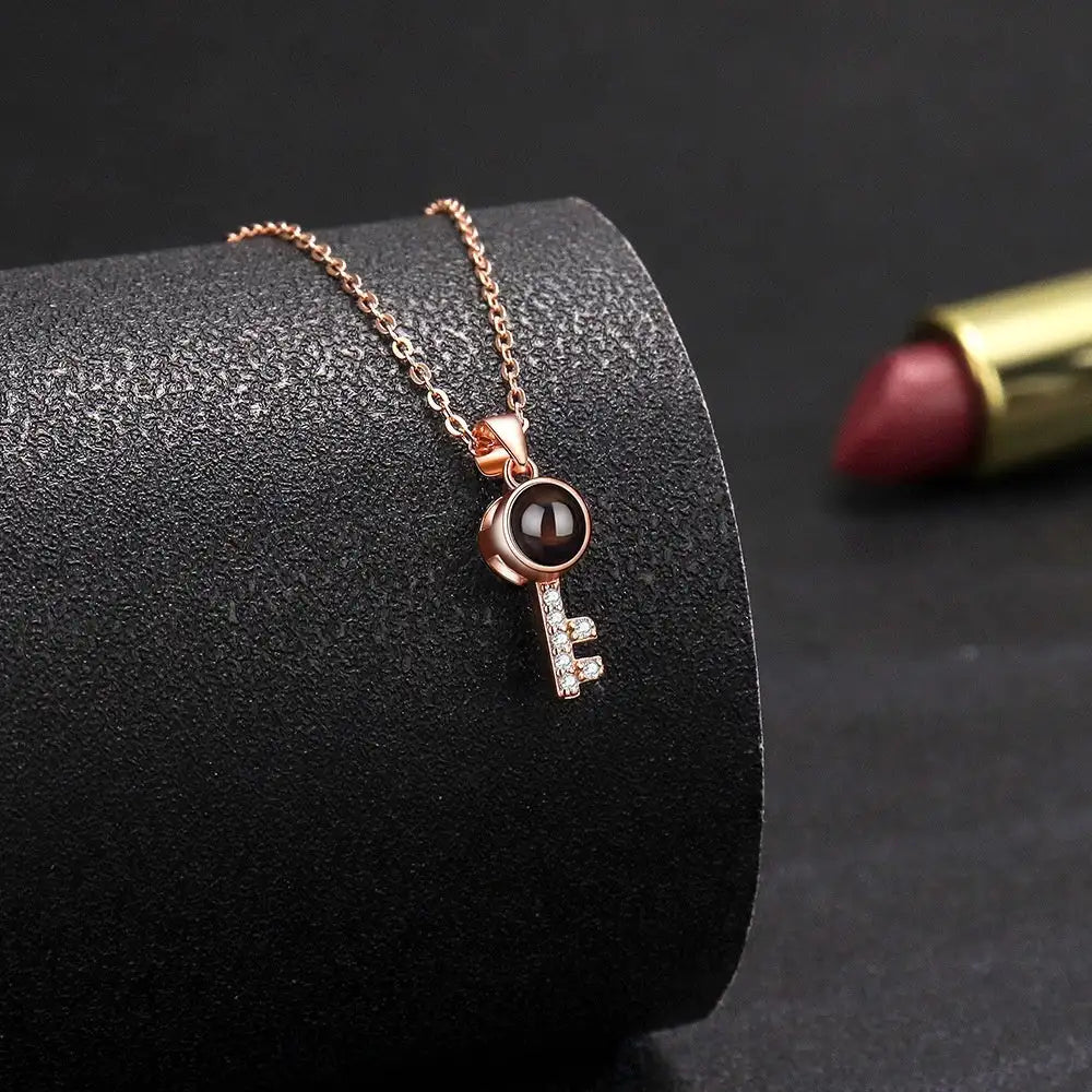 Minimalist Pure Silver Key Pendant Photo Projection Necklace - Lootquake