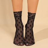 Elegancia chic, calcetines ultrafinos transparentes para mujer con ribete de encaje y estampado floral - Malla transpirable, mezcla de nailon