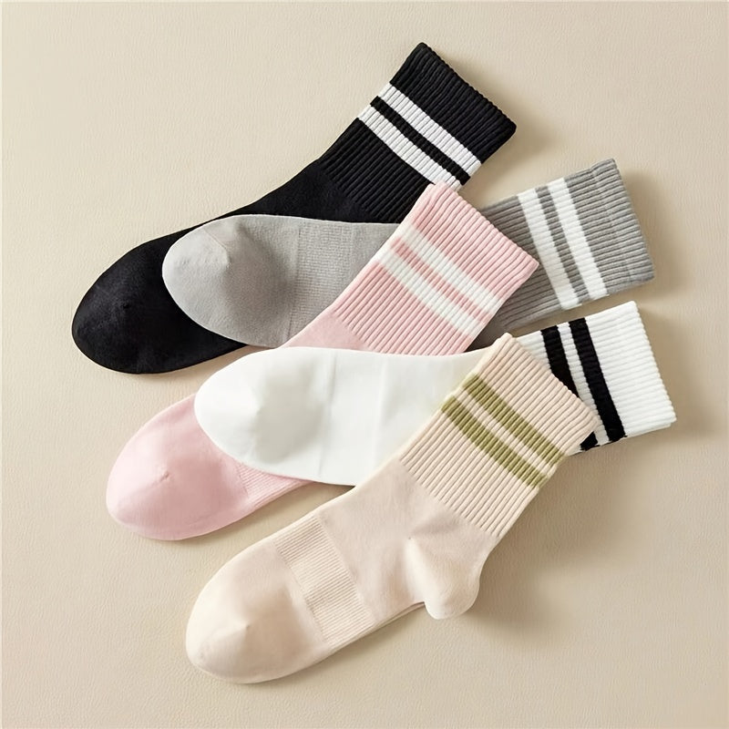 5 pares de calcetines con estampado de rayas, calcetines deportivos de tubo medio estilo universitario, medias y calcetería para mujer