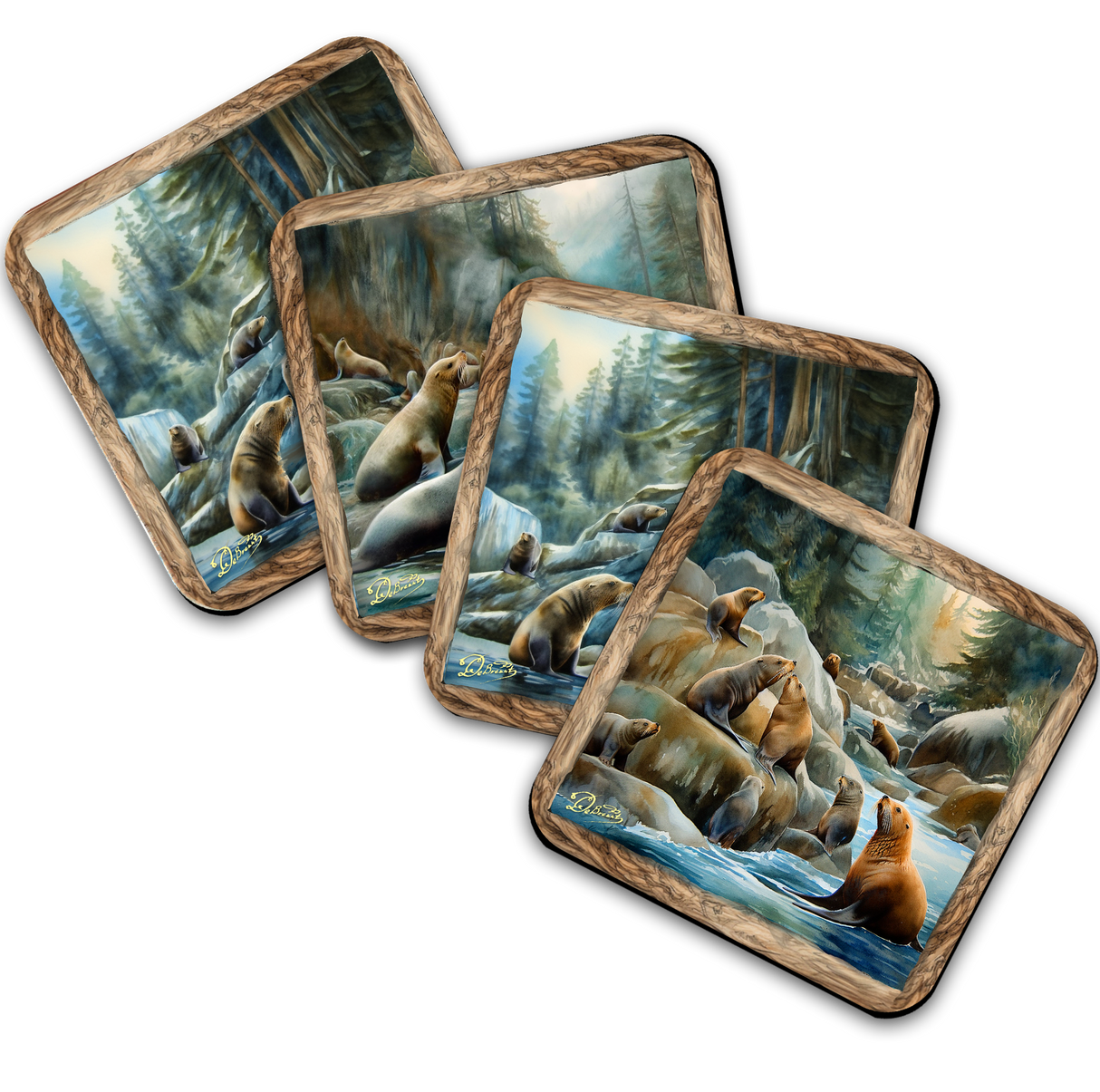 Coastal Sea Lions Wooden Cork Coasters Gift Set of 4 by Nature Wonders Nature Wildlife Decor  - 95386C-S4