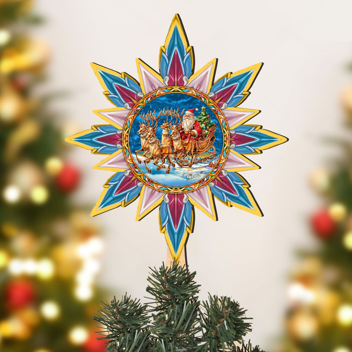 Santa on the Sleigh Star Tree Topper Wooden Decor by G. Debrekht - Santa Snowman Decor - 89516