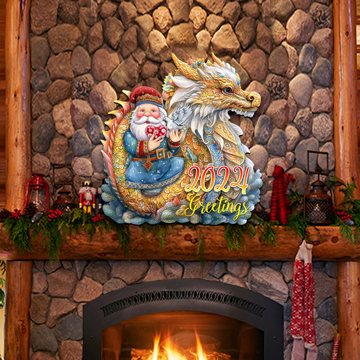 Decoración navideña para puerta con Papá Noel y dragón, fechada en 2024, de G. Debrekht - Decoración navideña con Papá Noel y muñeco de nieve - 8611088H