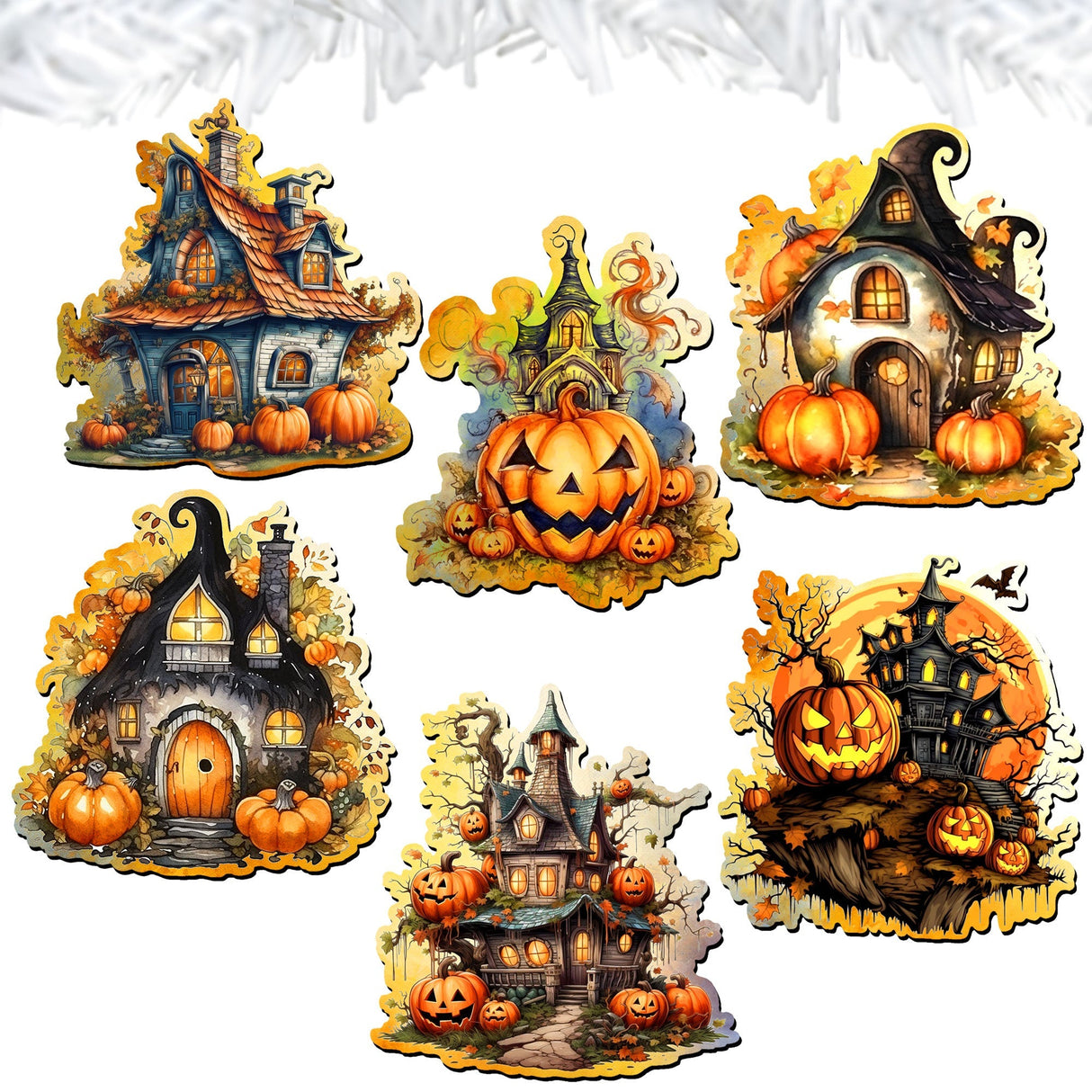Spooky Houses Decorative Wooden Clip-on Ornaments of 6 by G. Debrekht - Halloween Decor - 8090007C-S6