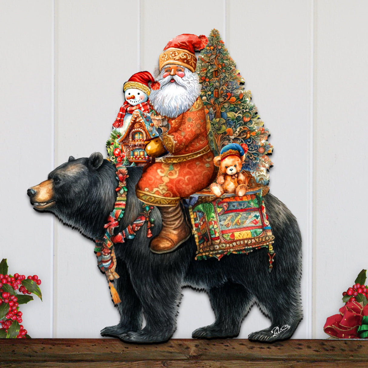 Decoración navideña para puerta con Papá Noel y su oso negro, de G. Debrekht - Decoración navideña con Papá Noel y muñeco de nieve - 8611064H