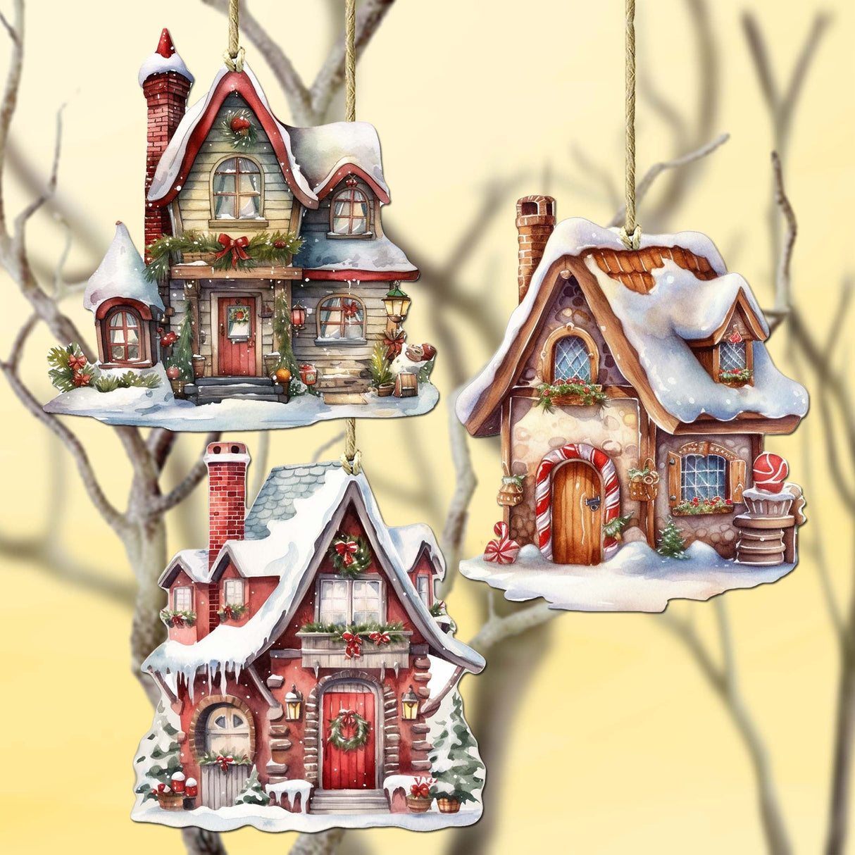 Christmas Houses Decorative Wooden Ornaments Set of 3 by G. Debrekht - Christmas Decor - 8091024-S3
