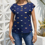 Ladies' Fashionable Butterfly Print Top With Round Neck Pullover And Short Sleeved T-shirt - Lootquake