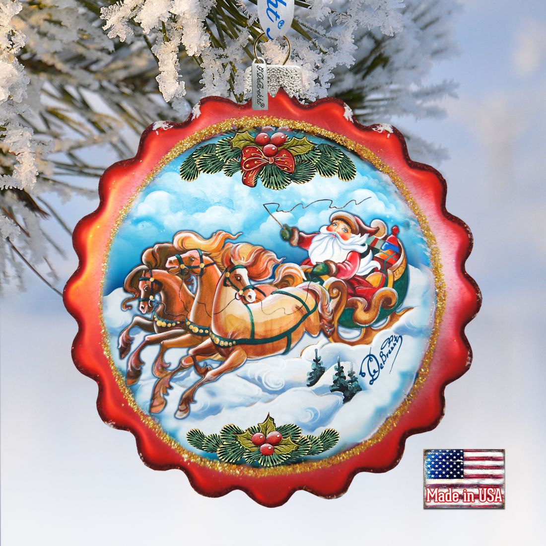 Sleigh Ride Flower Glass Ornament by G. DeBrekht - Christmas Santa Snowman Decor - 759-003