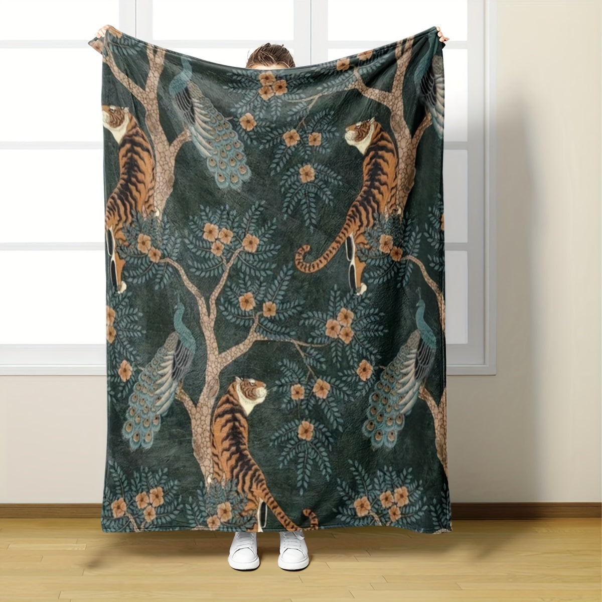 51x59 inches Vibrant Tiger and Peacock Print Flannel Throw Blanket - Throws with Hypoallergenic Polyester Fiber, Soft Multipurpose Knitted Design for All Seasons, Space Theme Decorative Bedding with Easy Dry Clean Care and St