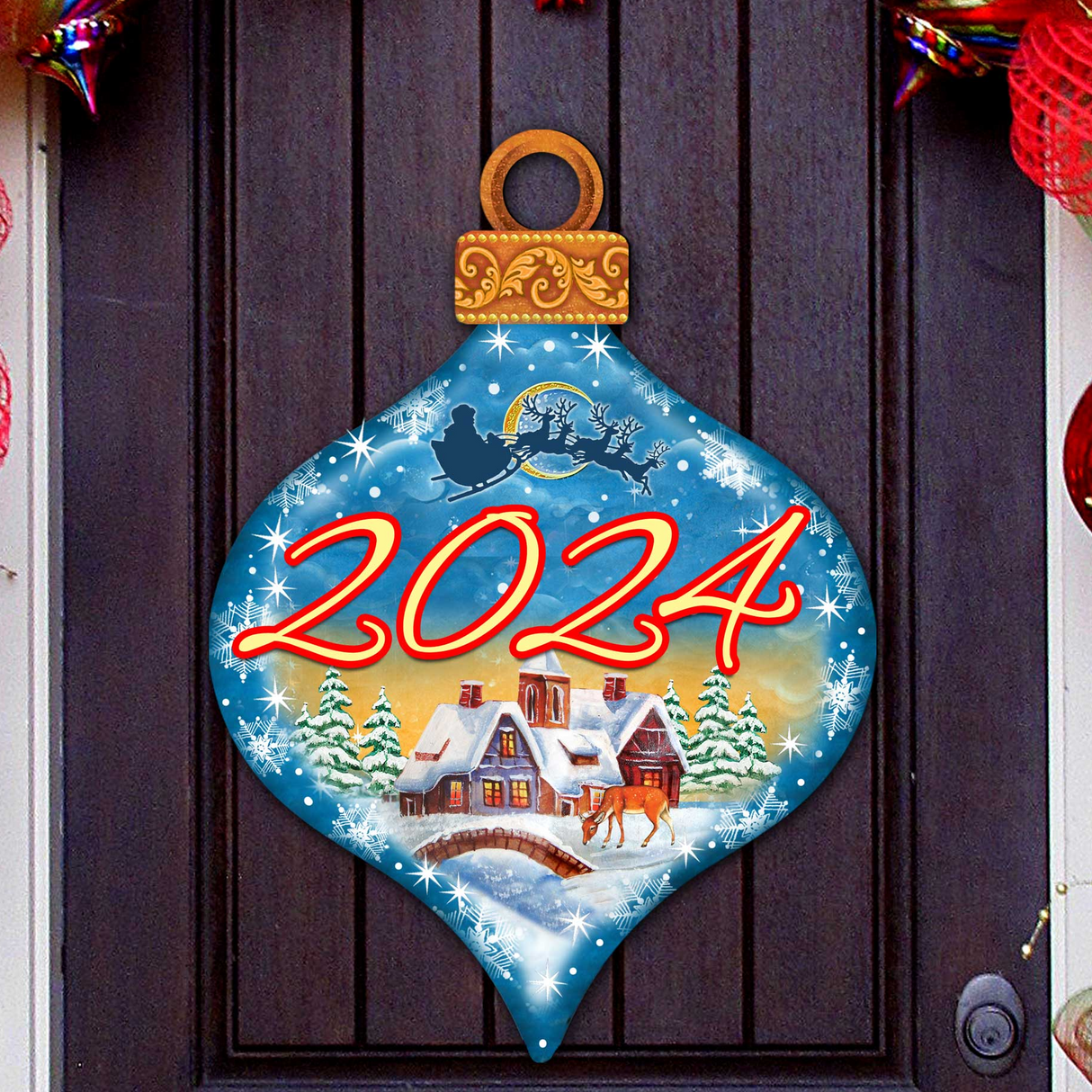Decoración navideña de pueblo para puerta, fechada en 2024, de G. Debrekht - Decoración navideña de Papá Noel y muñeco de nieve - 8112182H-D24