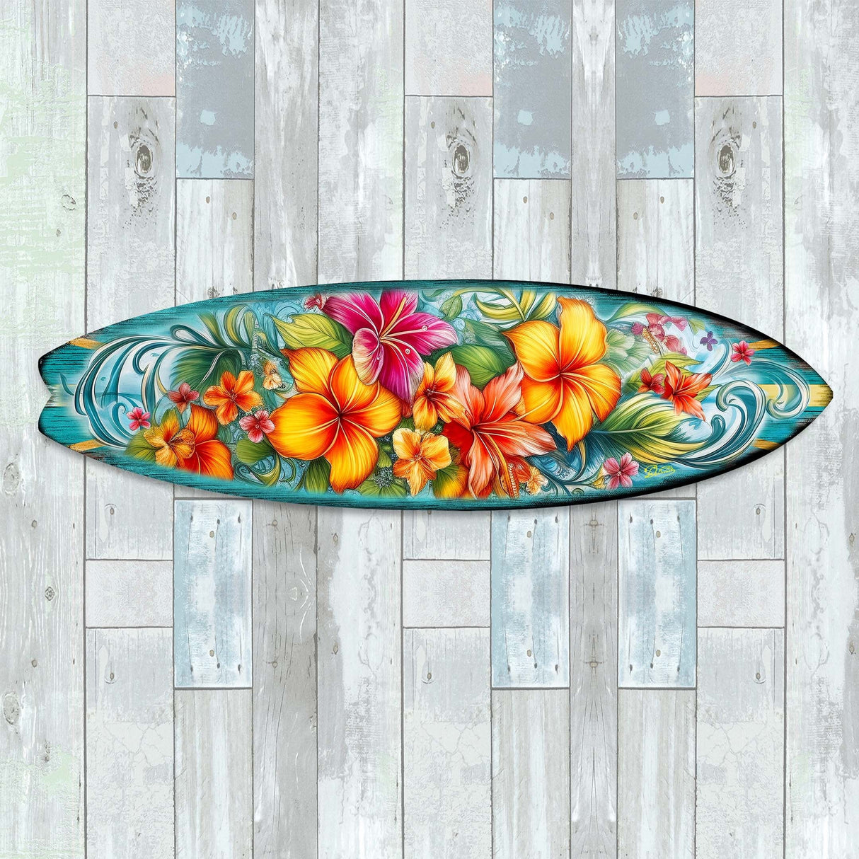 Arte mural costero con tabla de surf y flores hawaianas de G. DeBrekht - Decoración navideña costera - 8490121HS