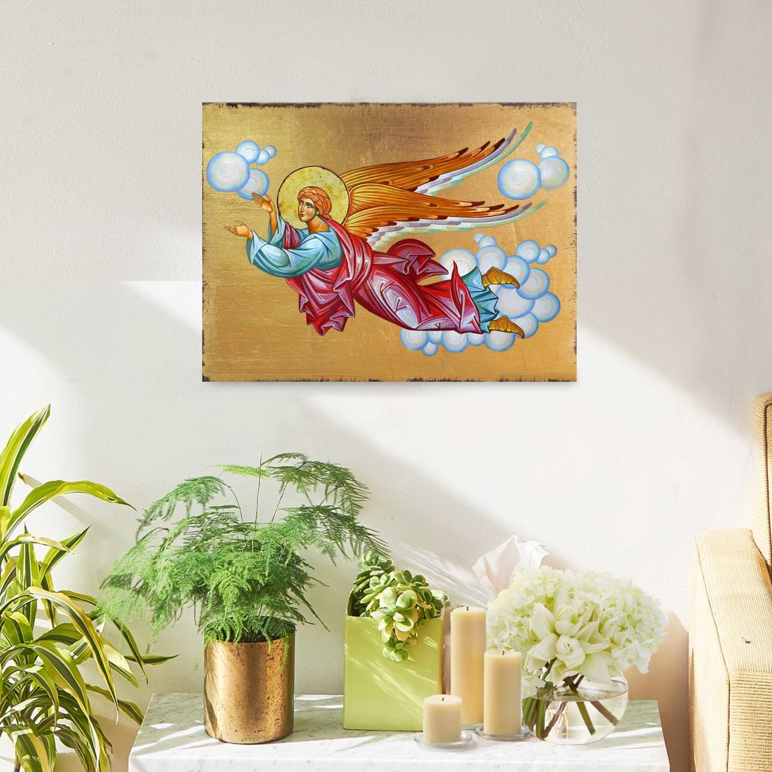 Ángel Volador de Madera, Dorado, Icono Sagrado Cristiano Religioso - Decoración Inspiradora - 85034