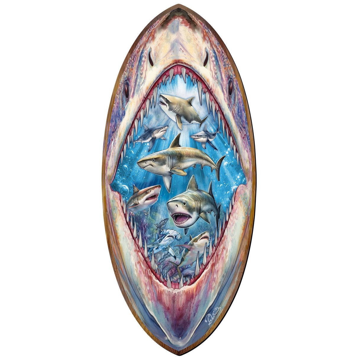 Tabla de surf costera con diseño de tiburón, arte mural artesanal, decoración oceánica de G. DeBrekht - Decoración costera navideña - 8490138HS