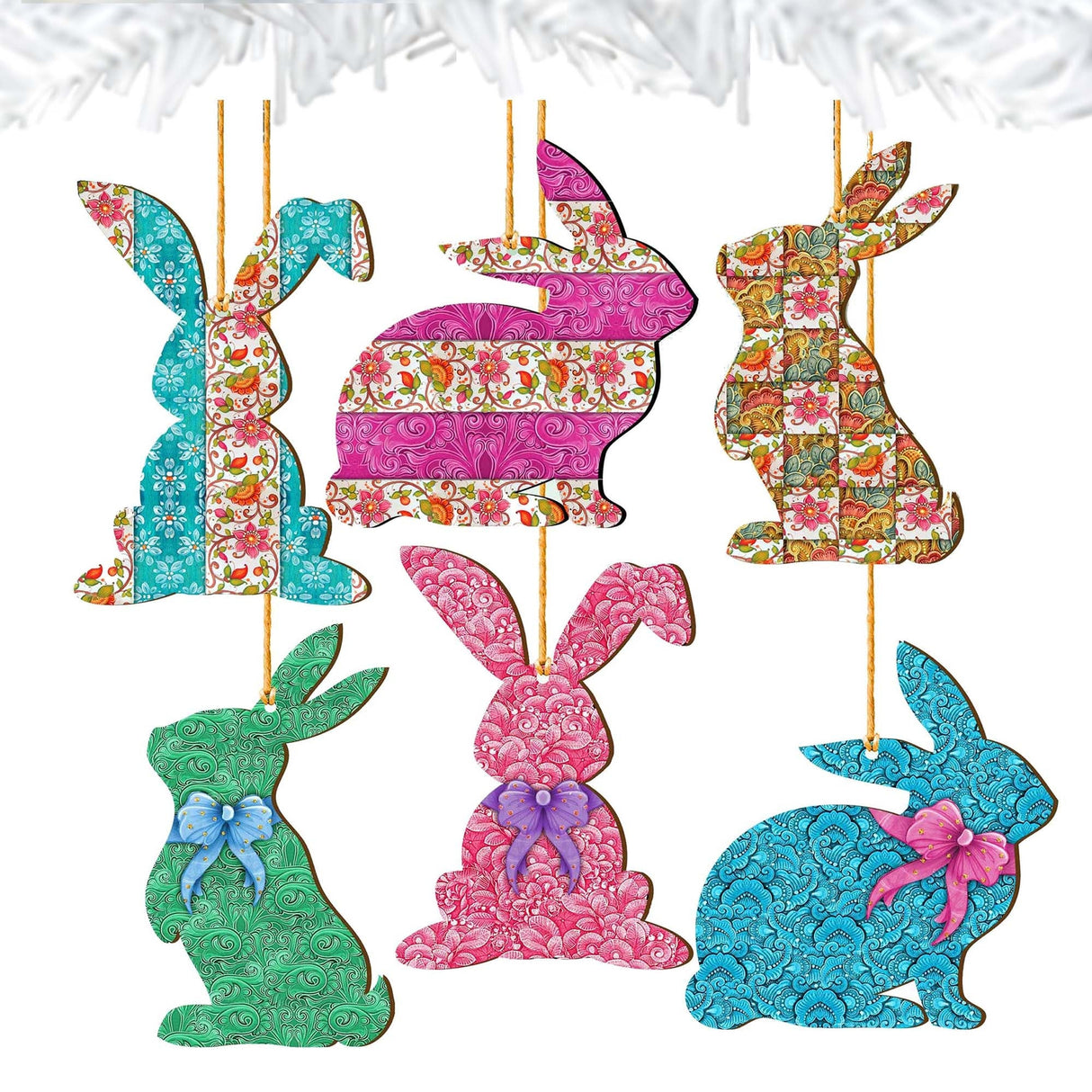 Quilted Bunny Wooden Ornaments Set of 6 by G. DeBrekht - Easter Spring Decor - 815442X-S6