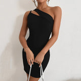 Black Hollow Split Slanted Shoulder Dress - Lootquake