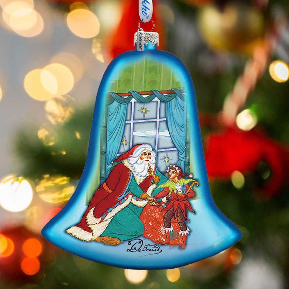 Night Before Christmas Bell Glass Ornament by G. DeBrekht - Christmas Santa Snowman Decor - 752-010