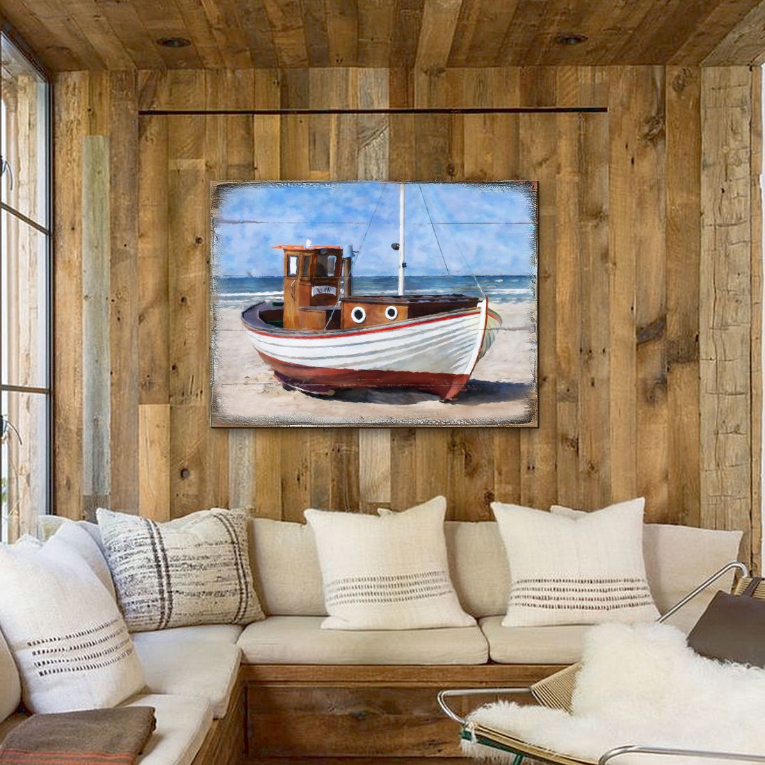 Arte mural costero de madera con vista al mar, barco varado, de Nature Wonders - Decoración costera de vida marina - 95321B