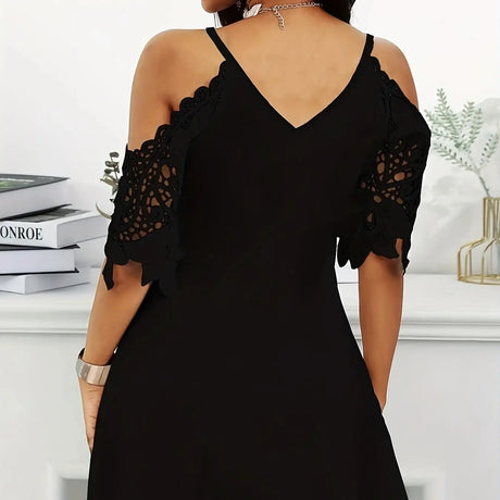 Ladies' V-neck Fashionable Loose Off Shoulder Half Sleeved One Shoulder Crochet Lace Hollow Out Casual Mini Dress - Lootquake