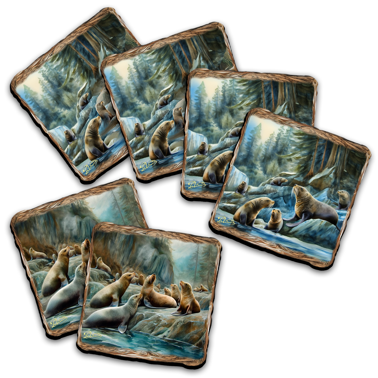 Sea Lion Cave Wooden Cork Placemat and Coasters Gift Set of 7 by Nature Wonders Coastal Nature Wildlife Decor  - 85413C-S7