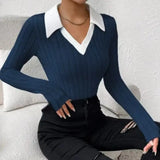 Ladies' Fashion Elegant Solid Color Long Sleeve Autumn Winter POLO Collar Fake Two Piece T-shirt Top Elegant Customization - Lootquake