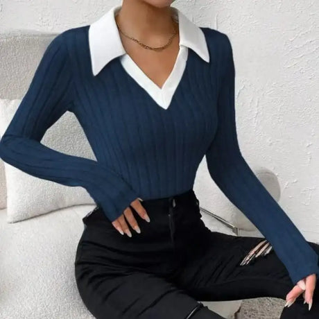 Ladies' Fashion Elegant Solid Color Long Sleeve Autumn Winter POLO Collar Fake Two Piece T-shirt Top Elegant Customization - Lootquake