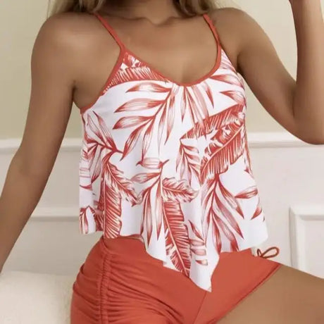 Ladies' Asymmetrical Plant Printed Camisole Top With Drawstring Details, Sexy Hip Hugging Shorts, Vacation Style Two-piece Set - Lootquake