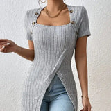 Ladies' Versatile Solid Color Elegant Style Square Neck Button Detail Wrapped Edge Slit Long T-shirt Top - Lootquake