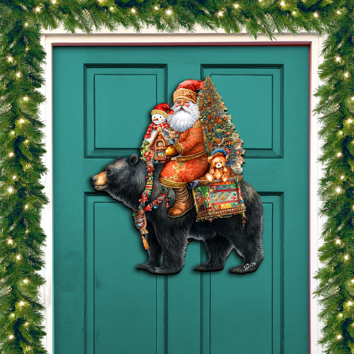 Decoración navideña para puerta con Papá Noel y su oso negro, de G. Debrekht - Decoración navideña con Papá Noel y muñeco de nieve - 8611064H