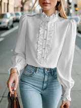 Fashionable Stand-up Collar Long-sleeved Shirt With Lotus Leaf Hem - Lootquake