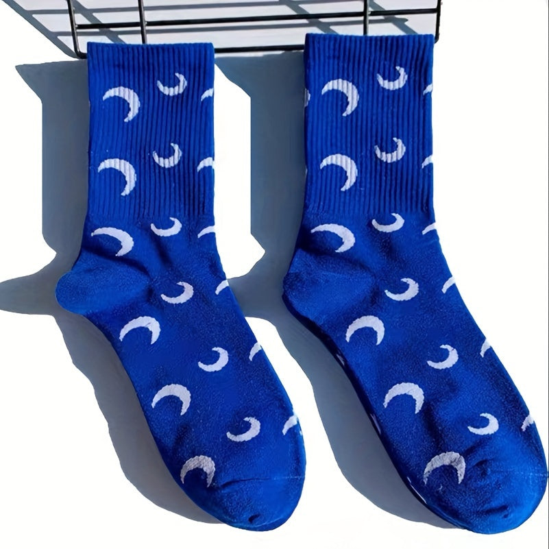 1 Pair Moon Pattern Trendy Y2K Hip Hop Socks, Casual Versatile Soft Comfortable Outdoor Sports Socks